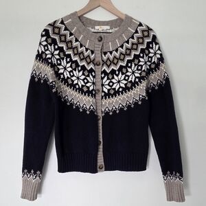 Boden Fair Isle Wool Blend Cardigan Button Front Nordic Sweater US 14 Navy